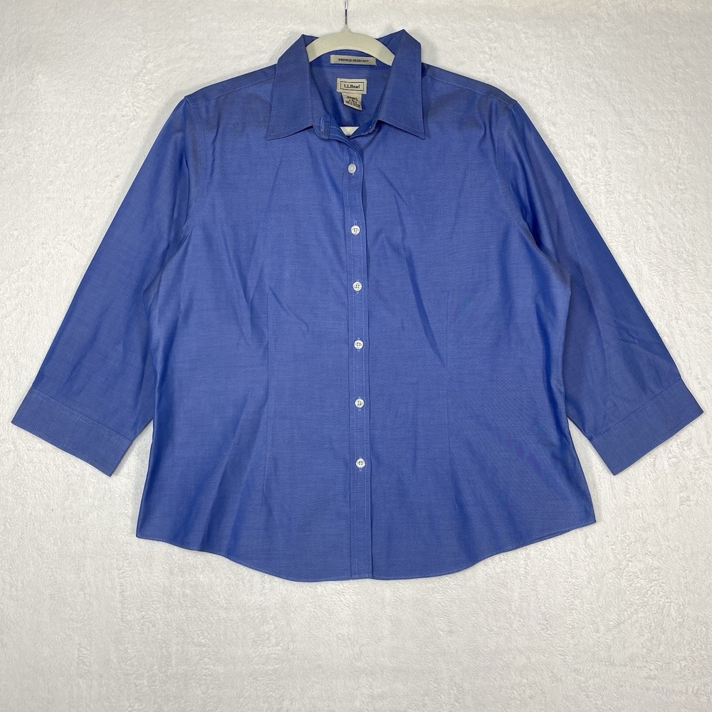 L.L. Bean Shirt Women Large Blue‎ Wrinkle Resistant Button Down Coastal Grandma